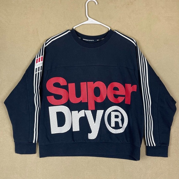 Superdry‎ Sport Cropped Graphic Sweatshirt Pullover Womens 8 Navy Blue Relaxed - Picture 1 of 11